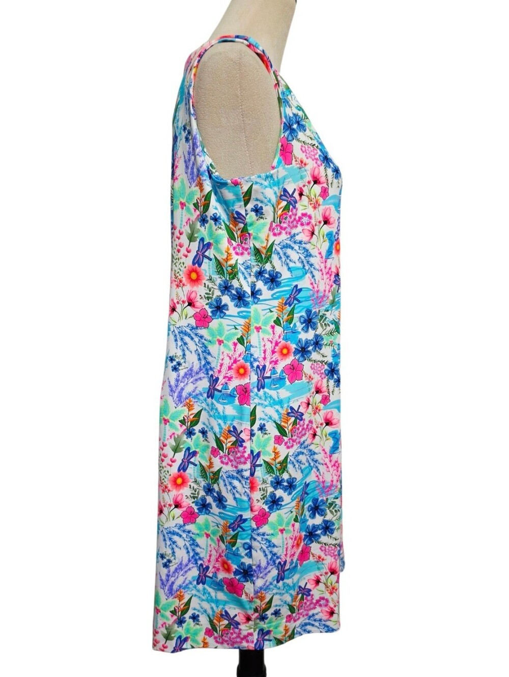 Lulu B Dress Large SPF 50 Tropical Floral Dragonfly Sailboat Sleeveless Resort - Picture 4 of 13